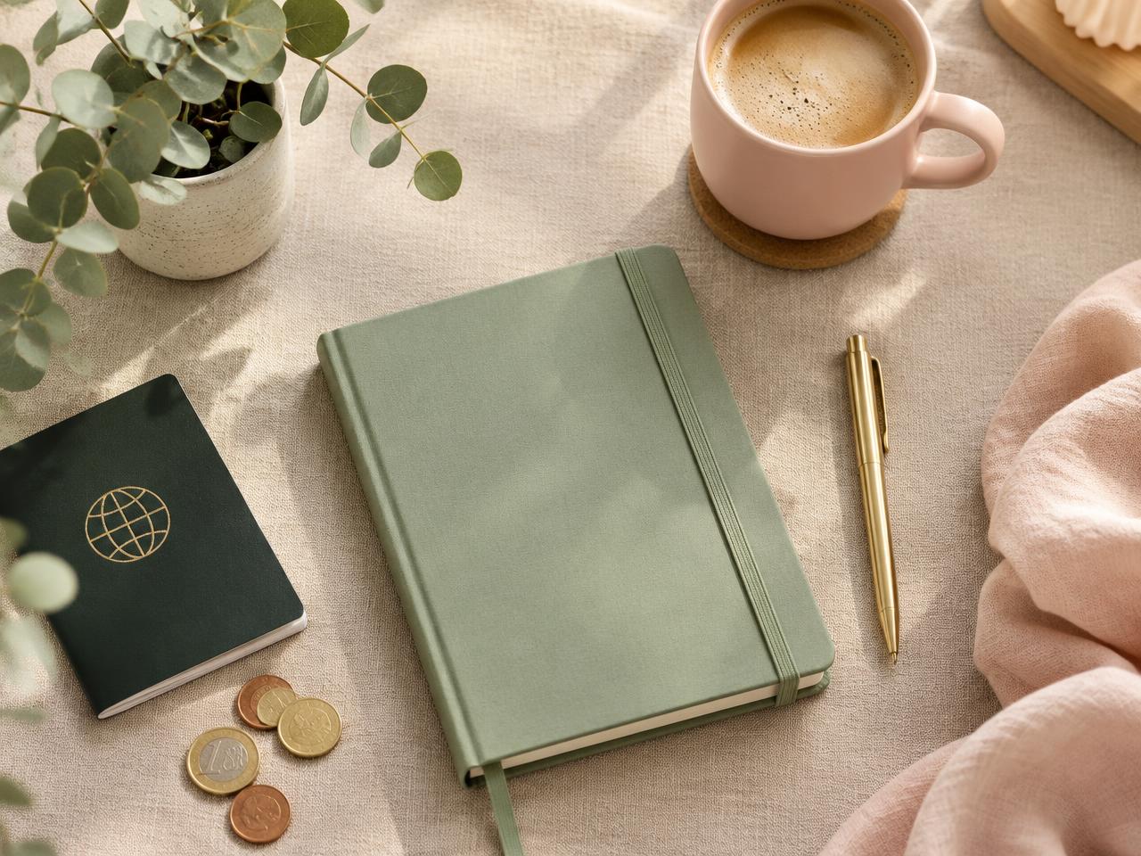 Budget planner notebook with coffee and passport